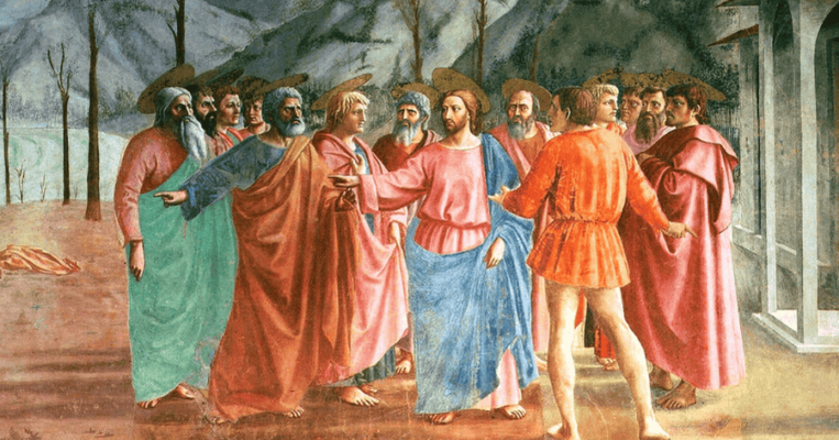 Masaccio, Pagamento del tributo, particolare, 1425 ca., Chiesa di Santa Maria del Carmine, Firenze – Wikimedia Commons.
