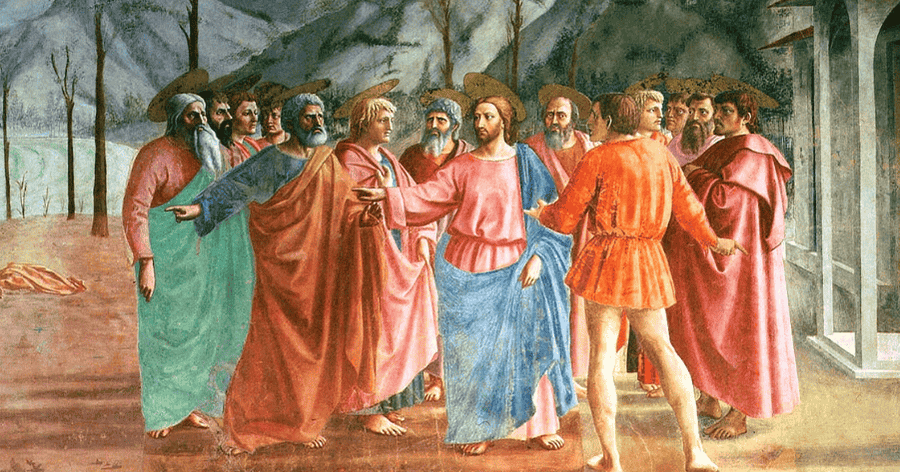 Masaccio, Pagamento del tributo, particolare, 1425 ca., Chiesa di Santa Maria del Carmine, Firenze – Wikimedia Commons.
